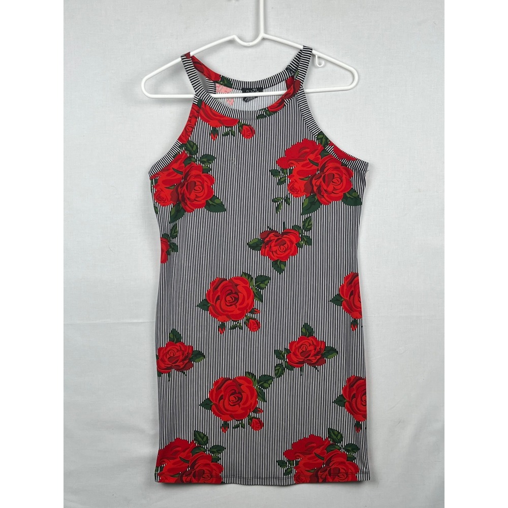 rue21‎ Floral Bodycon Dress Womens Large Red Rose Striped Halter Neck Mini Black